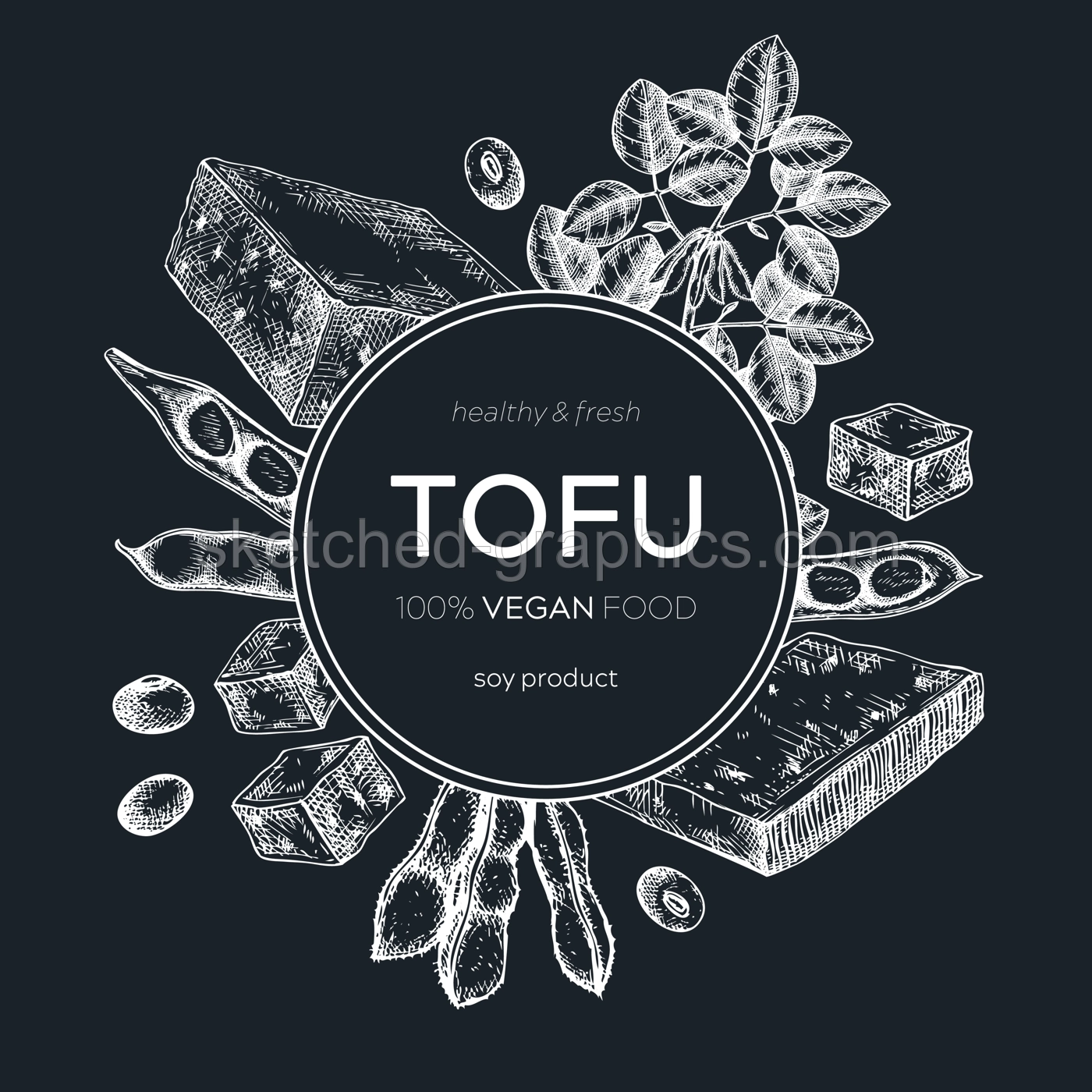 Tofu wreath design on chalkboard. Sketched vegan vector food background. Traditional Asian food ingredients. Tofu frame for packaging, menu, recipe, and product design Illustration